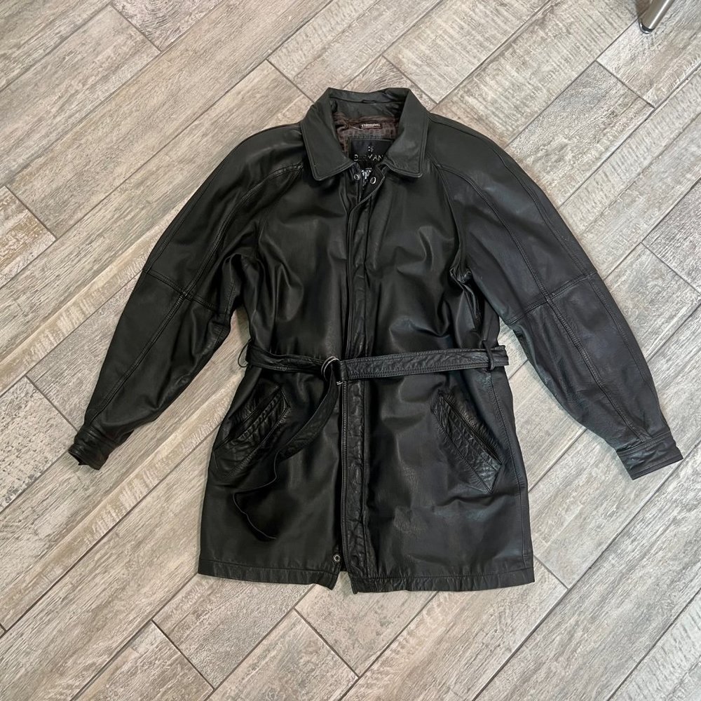 Vintage 1980's BERMANS Leather Jacket trench coat belted - Black - Medium